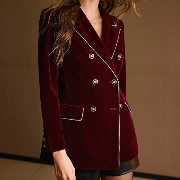 Burgundy Elegant Women's Velvet Rhinestone Trim Blazer - Picture 2 of 7